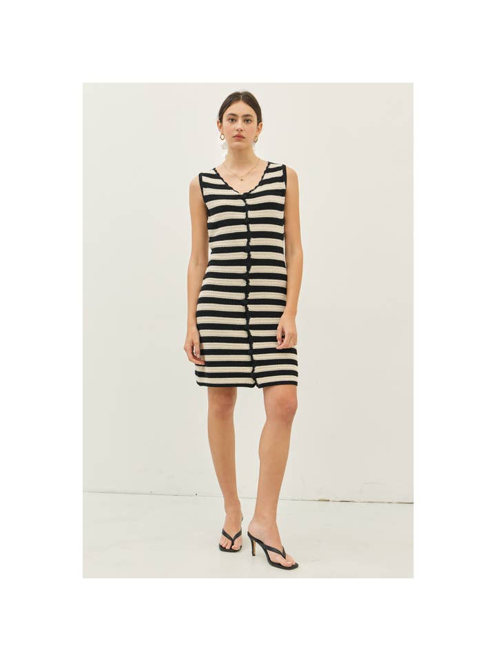 Striped Crochet Mini Dress - Natural/Black