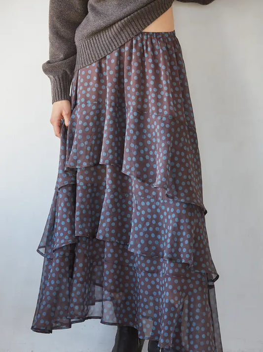 Polka Dot Tiered Skirt - Brown Teal