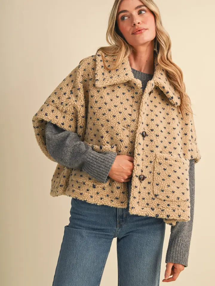 Polka Dot Faux Sherpa Cape - Taupe Navy Heart