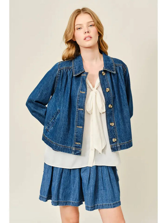 Flare Collared Denim Jacket - Dark Denim