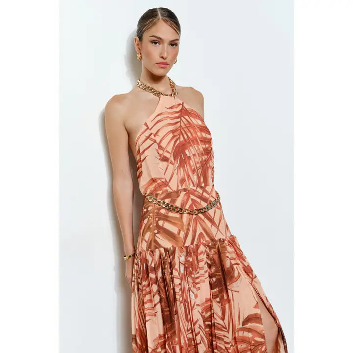 Tropical Halter Maxi Dress - Rust Multi