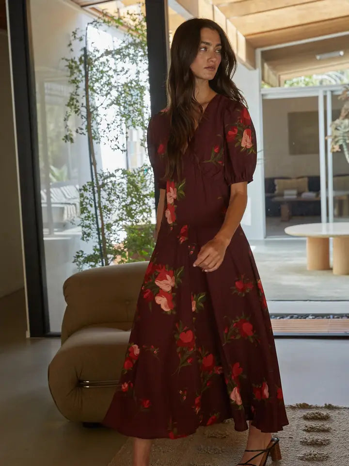 Floral Puff Sleeve Midi Dress - Wine