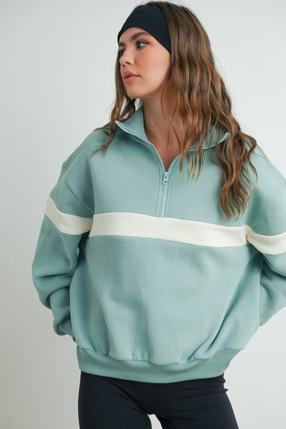 Two-Toned Half Zip Collar Sweatshirt - Sage