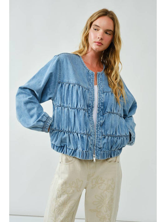 Ruched Bomber Jacket - Denim