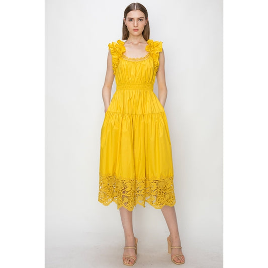 Ruffle Sleeve Midi Dress - Mustard