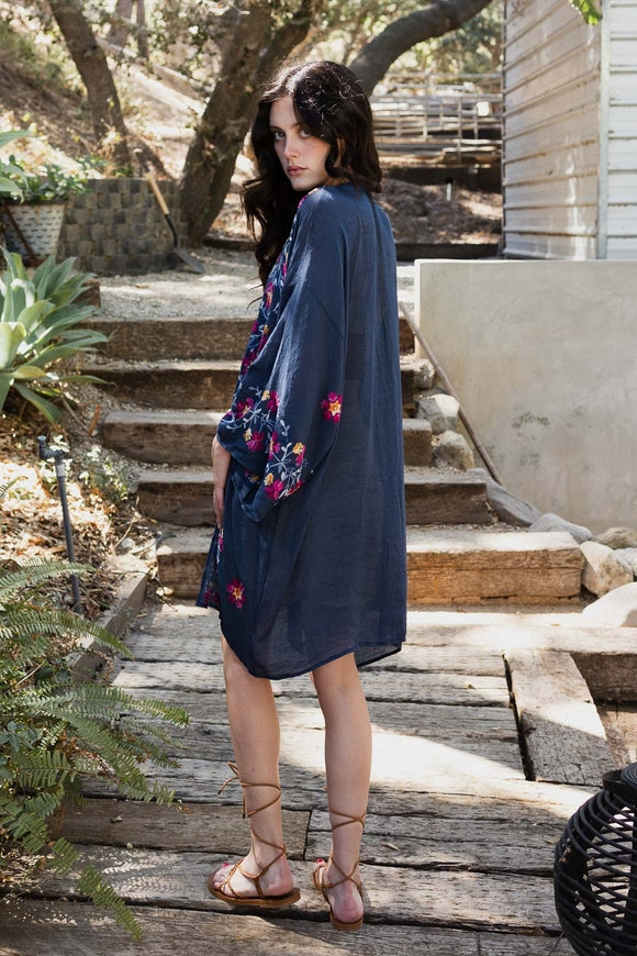 Anemone Embroidered Kimono - Navy