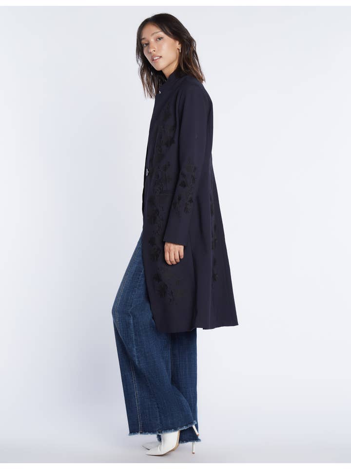 Sleek Embroidered Coat - Navy