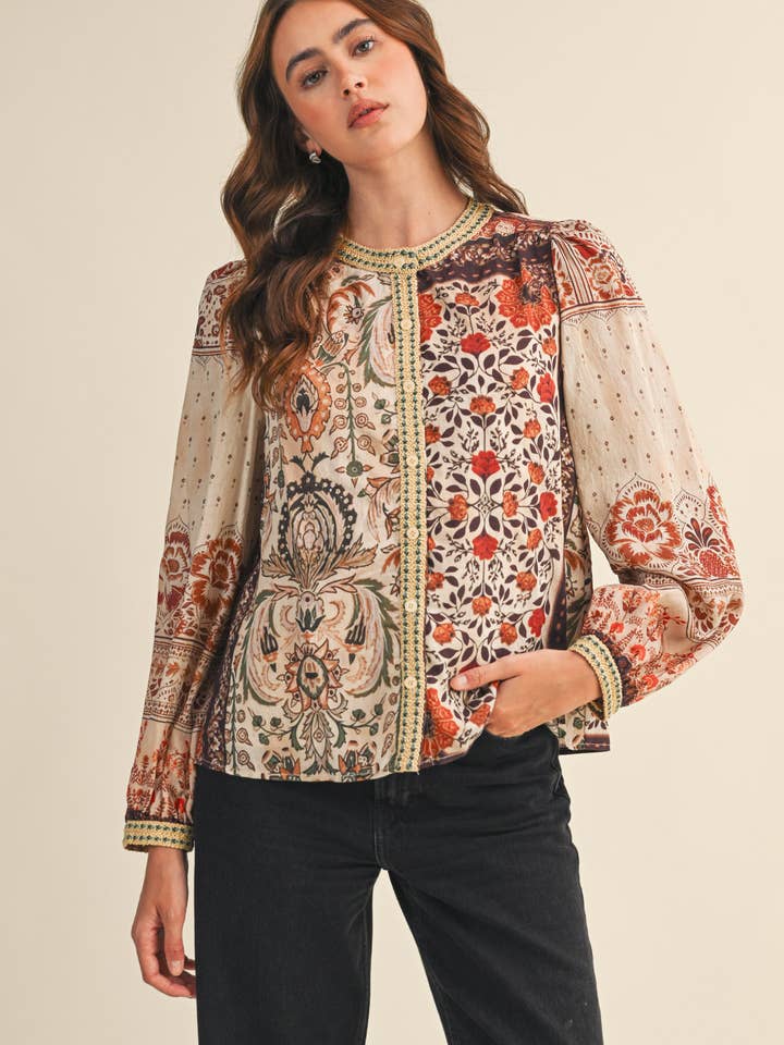 Patchwork Print Button Down - Mocha Cream Floral