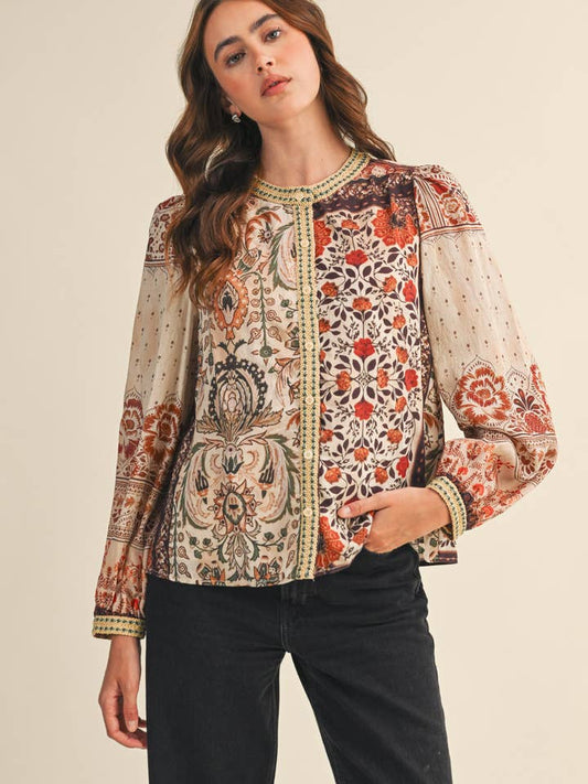 Patchwork Print Button Down - Mocha Cream Floral