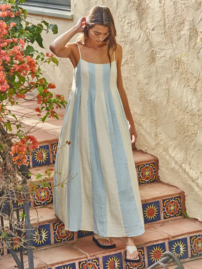 Cami Pintuck Midi Dress - Cream Light Blue