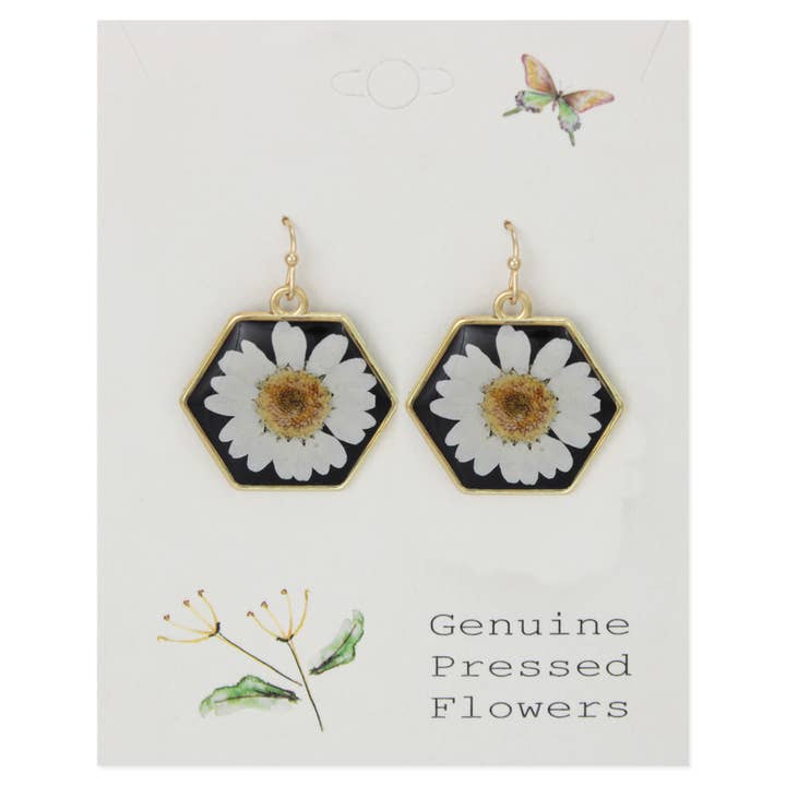 Dried Floral Earrings - White Black Geometric