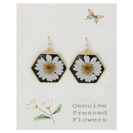 Dried Floral Earrings - White Black Geometric