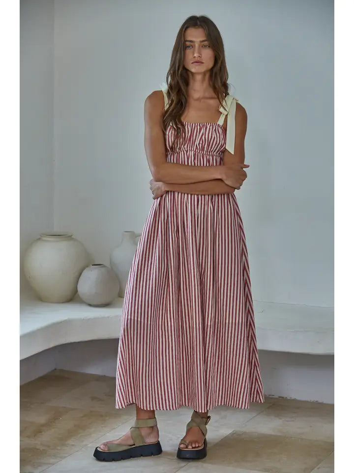 Striped Sleeveless Midi Dress - Red