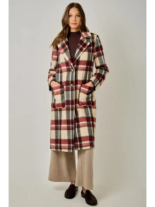 Brushed Plaid Long Coat - Ivory Mix
