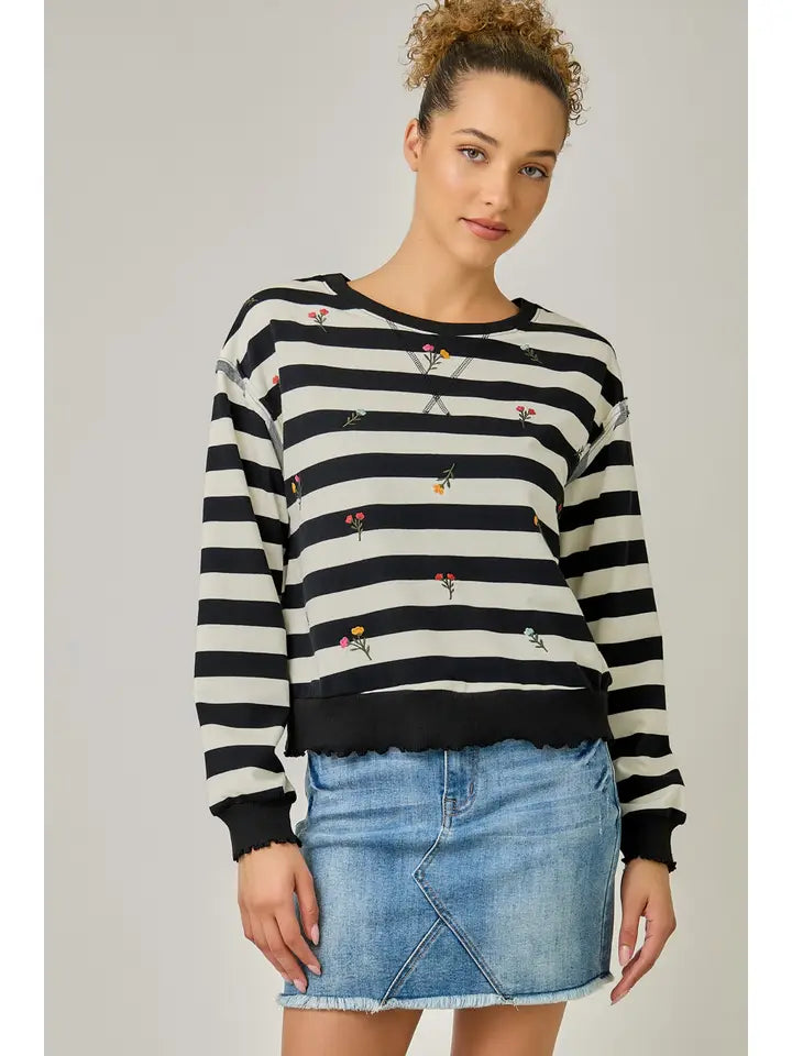 Embroidered Stripe Sweatshirt - Black/Ivory