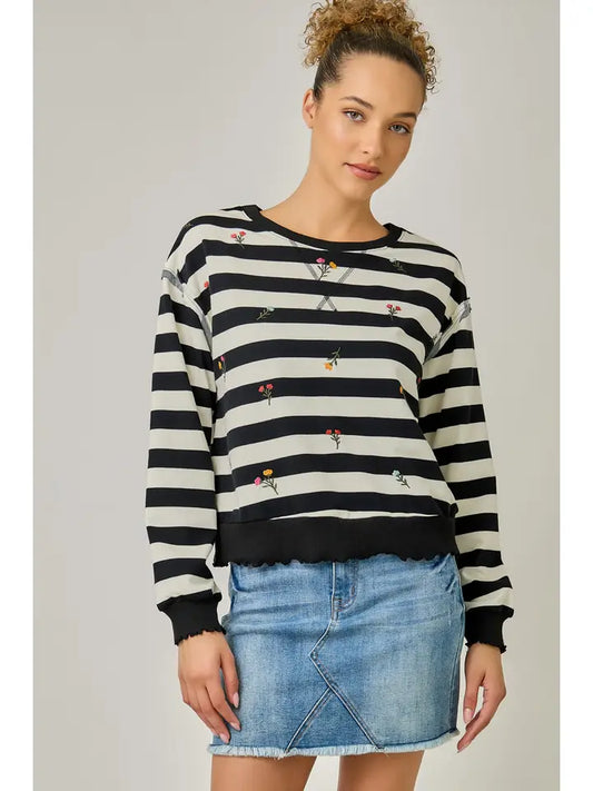 Embroidered Stripe Sweatshirt - Black/Ivory