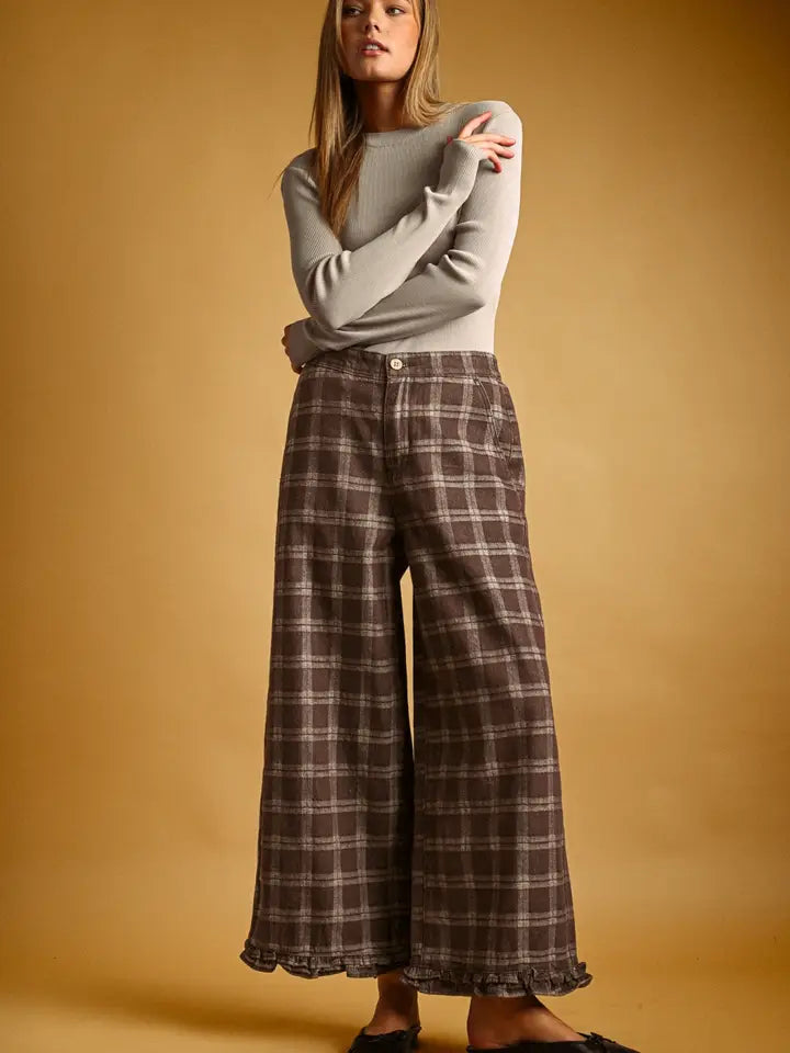 Ruffle Detail Plaid Pants - Chocolate