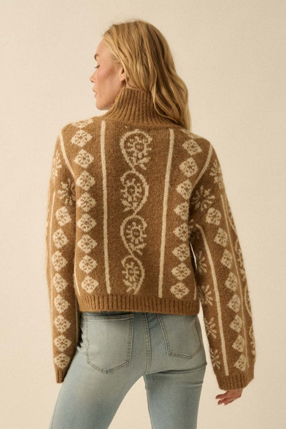 Abstract Floral Mock-Neck Sweater - Taupe