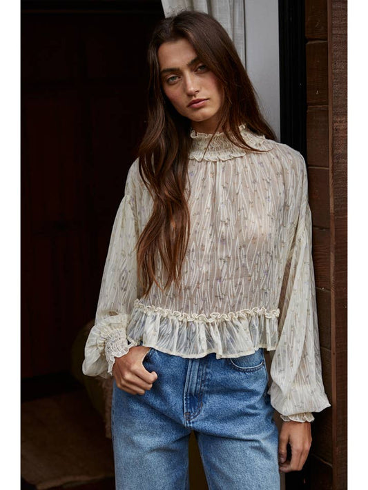 Floral Mock Neck Blouse - Cream