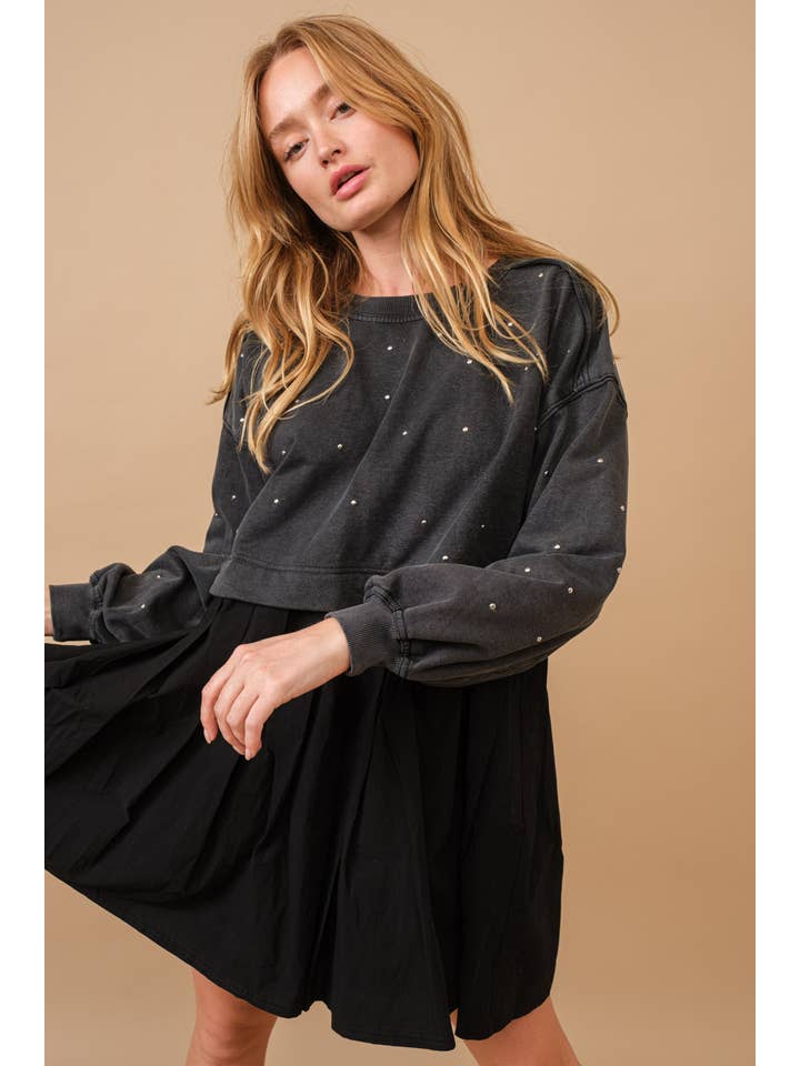 Embellished Sweatshirt Dress - Black