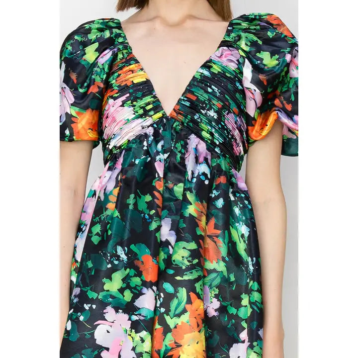 V-Neck Floral Mini Dress - Black Multi