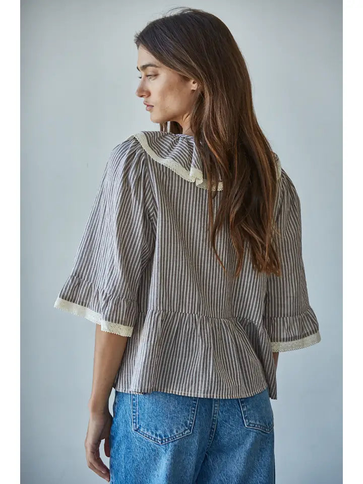 Striped Ruffle Top - Grey