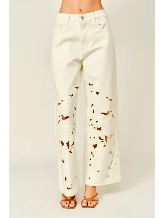Cut Out Embroidered Straight Leg Pants - Cream
