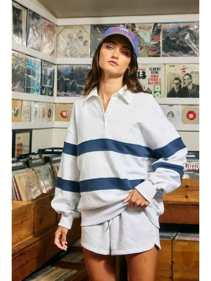 Contrast Collar Blocked Rugby Pullover - Grey/Navy
