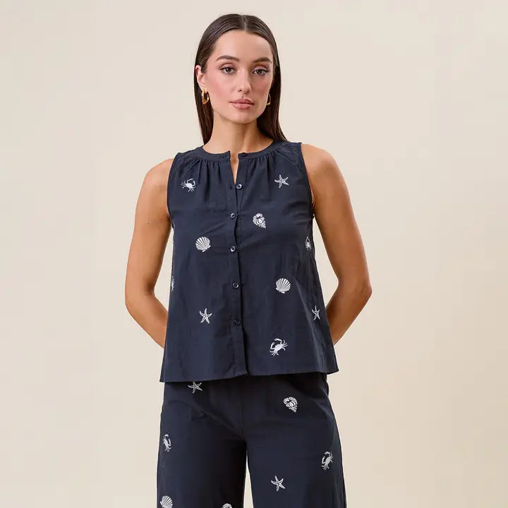 Embroidered Sleeveless Blouse - Navy