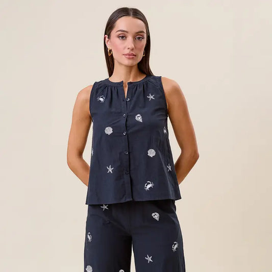 Embroidered Sleeveless Blouse - Navy