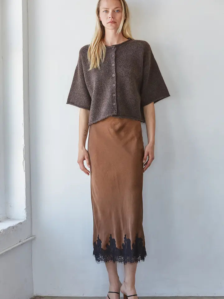 Lace Detail Satin Midi Skirt - Brown Black