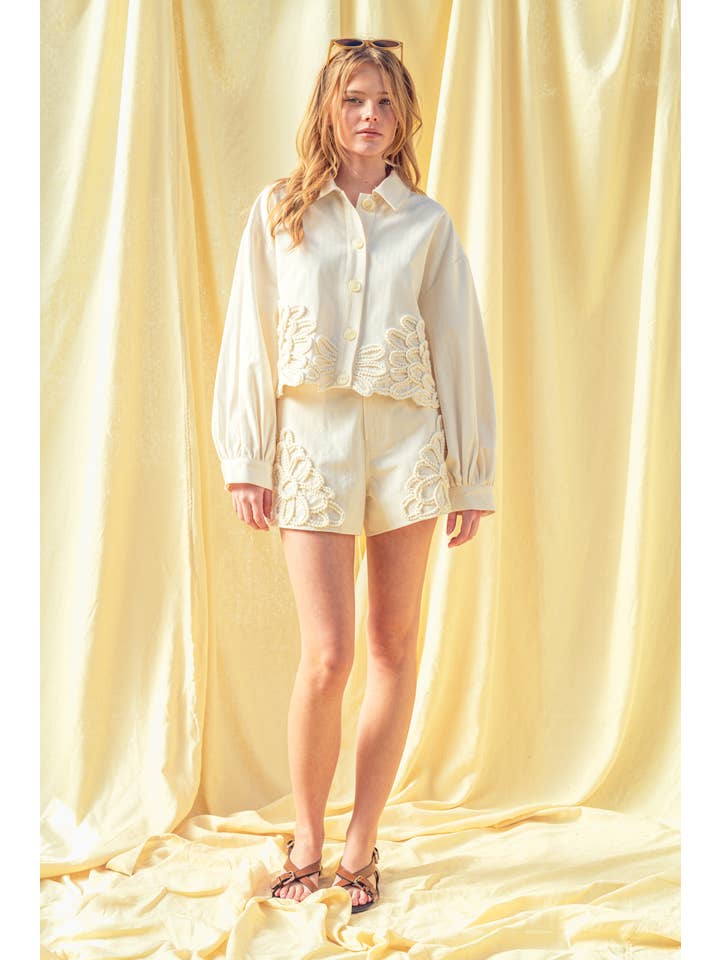 Floral Embellishment  Shorts - Ecru
