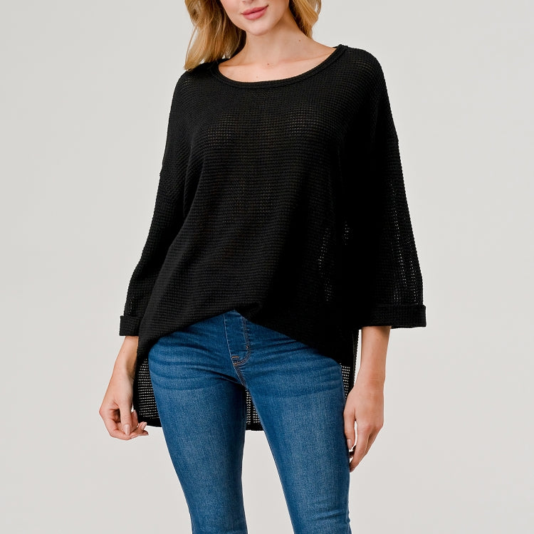 Open Knit 3/4 Length Top - Black