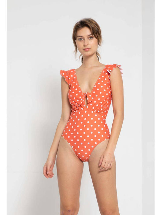 Low V Neck Ruffle Swimsuit - Carrot White Dot