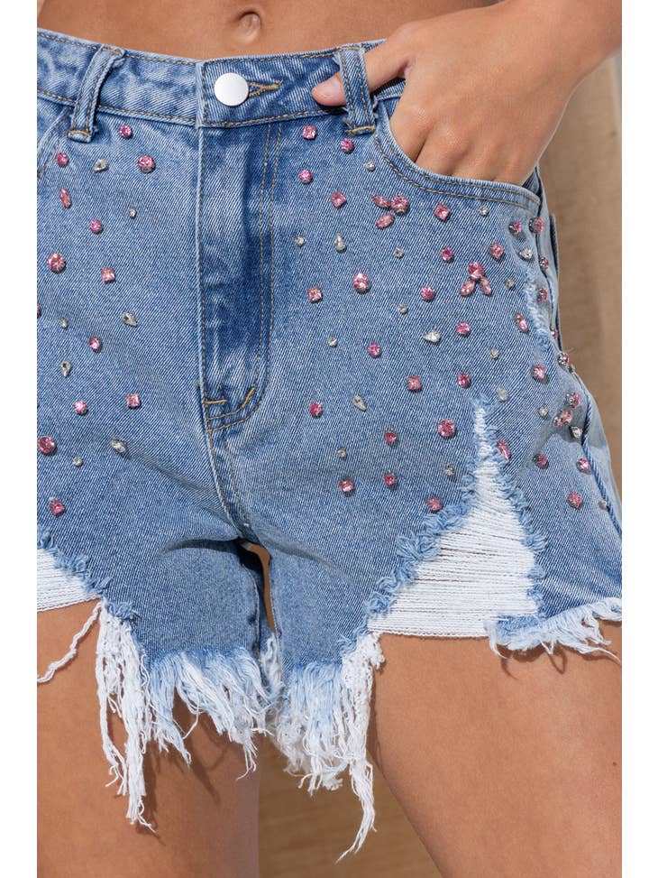 Rhinestone Gem Frayed Denim Short