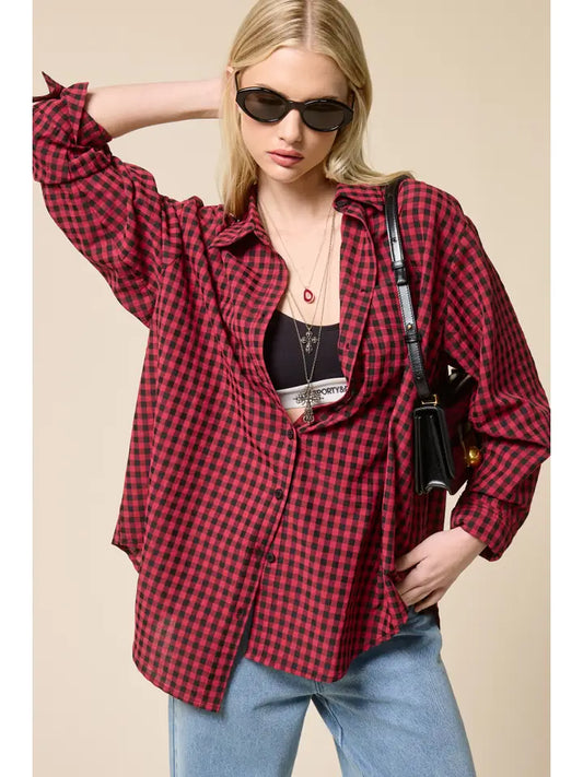 Relaxed Gingham Button Down - Berry