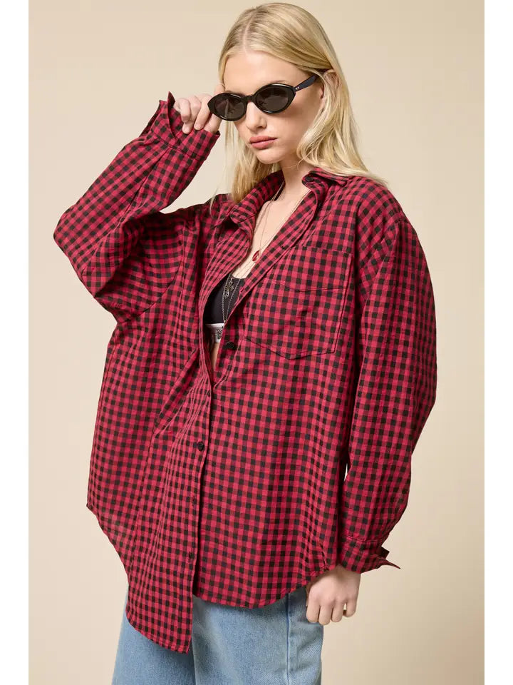 Relaxed Gingham Button Down - Berry