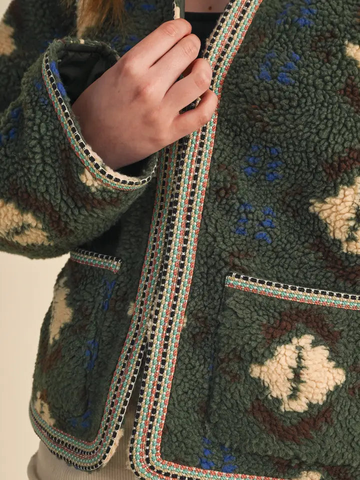 Sherpa Aztec Jacket - Olive Cream