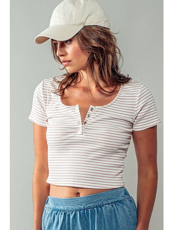 Cropped Candy Stripe Henley - Pink