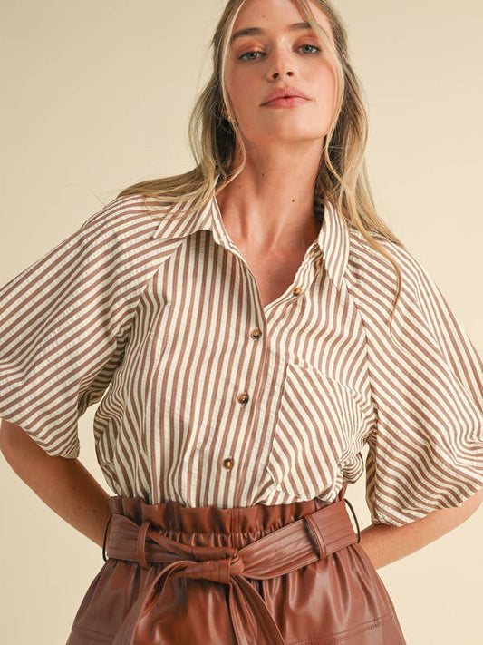 Striped Bubble Sleeve Button Down - Pecan