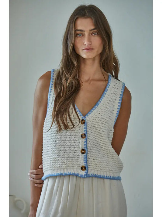 Contrast Trim Sweater Vest - Cream Blue