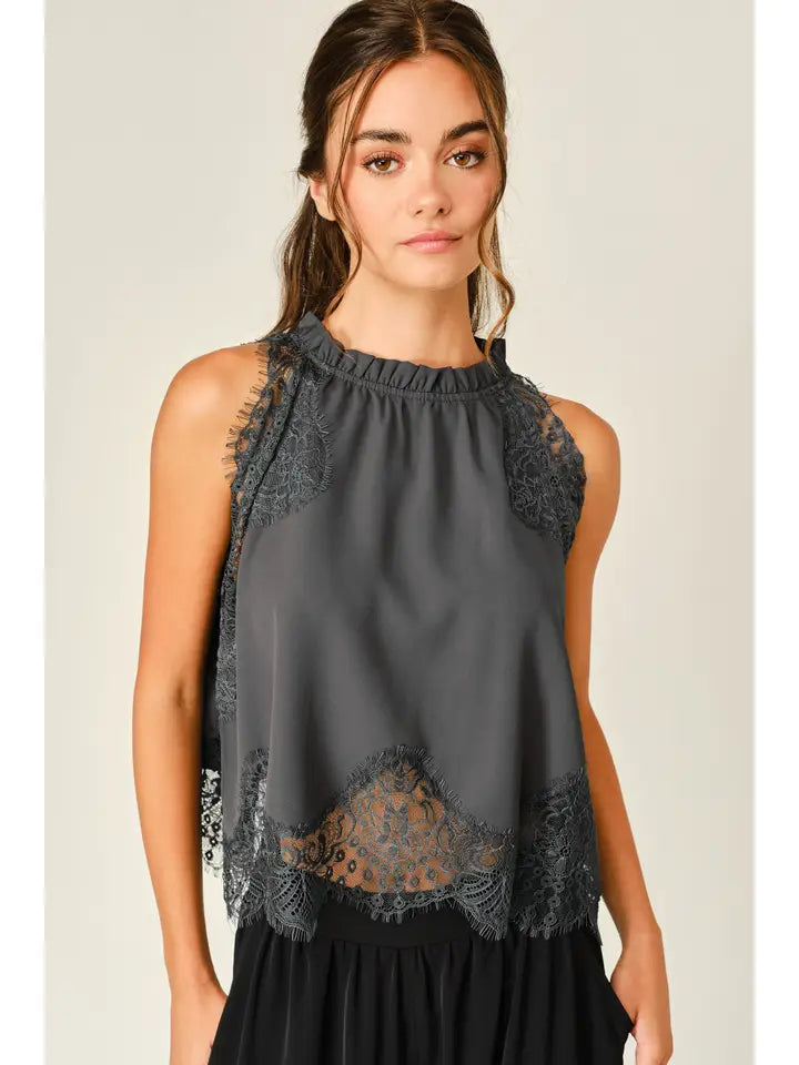 Lace Trim Ruffle Neck Blouse Top - Grey