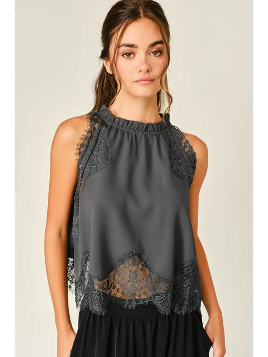 Lace Trim Ruffle Neck Blouse Top - Grey