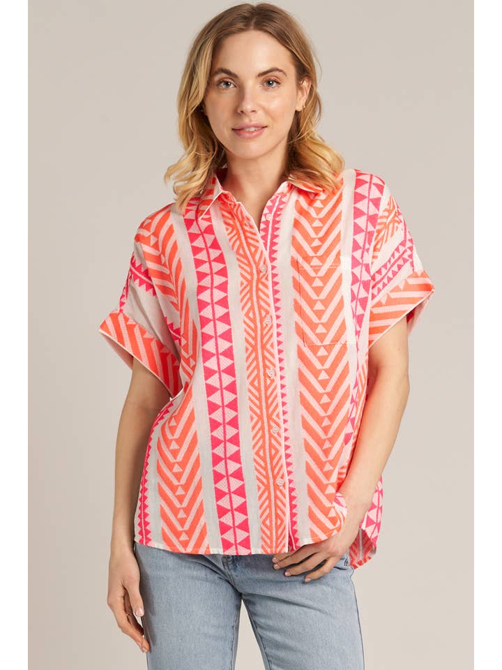 Short Sleeve Embroidered Button Down - White, Pink, Orange