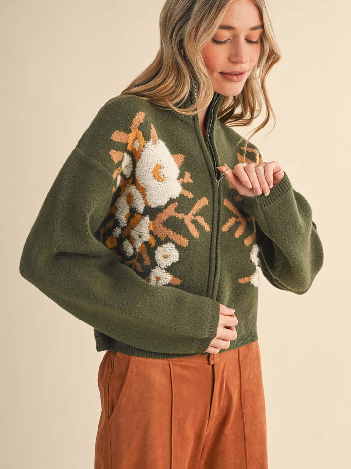 Floral Zip Cardigan - Olive Flower