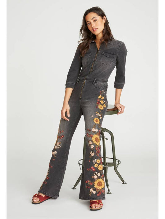 Farrah Denim Jumpsuit - Falling Sunflower