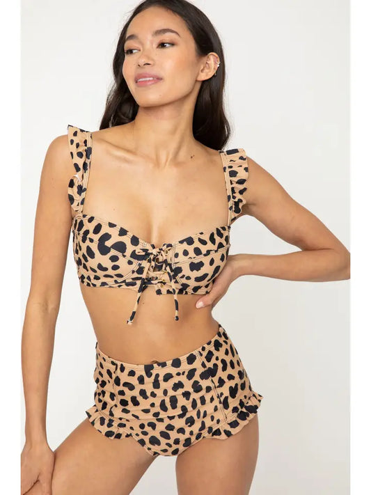 Tie Front Ruffle Bikini - Leopard