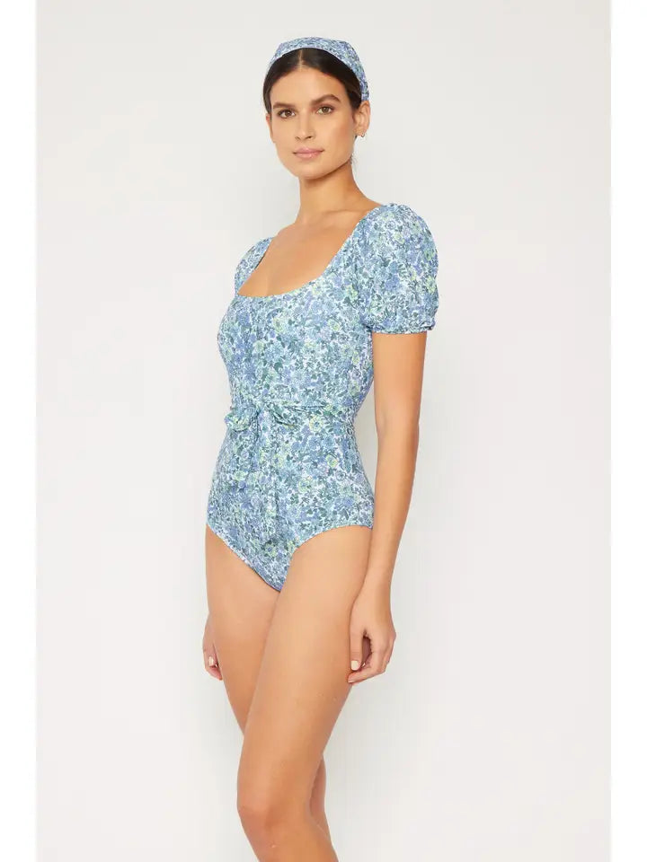 Puff Sleeve Swimsuit - Small Flowers Blue