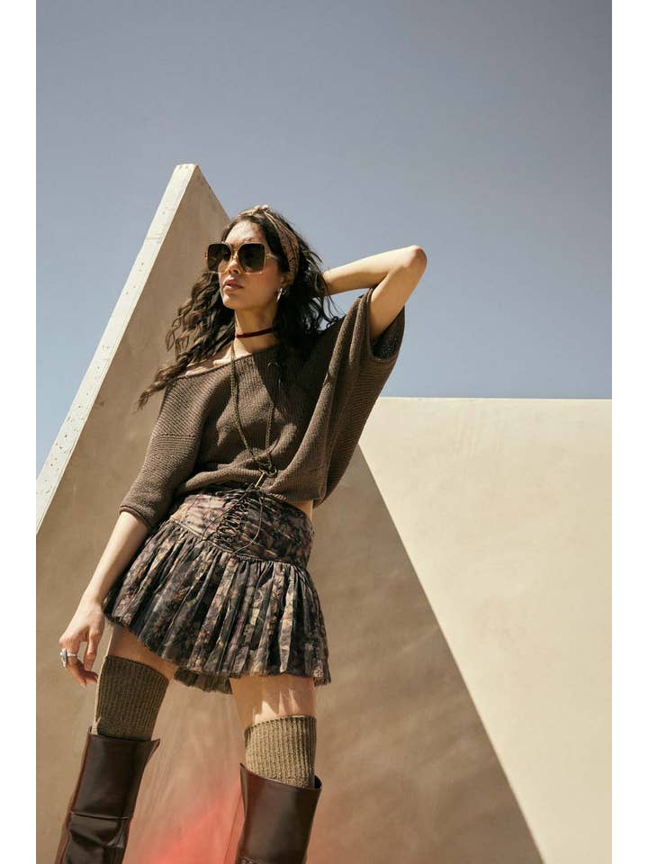 Floral Drop-Waist Mini Skirt - Chocolate