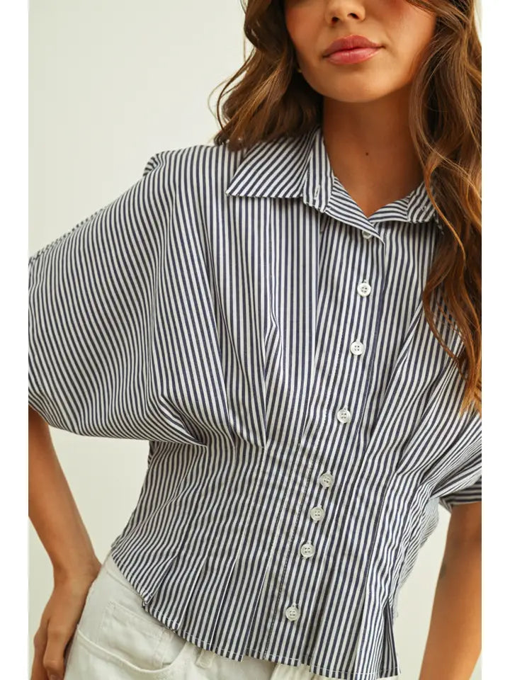 Pleated Waist Button Down - Navy